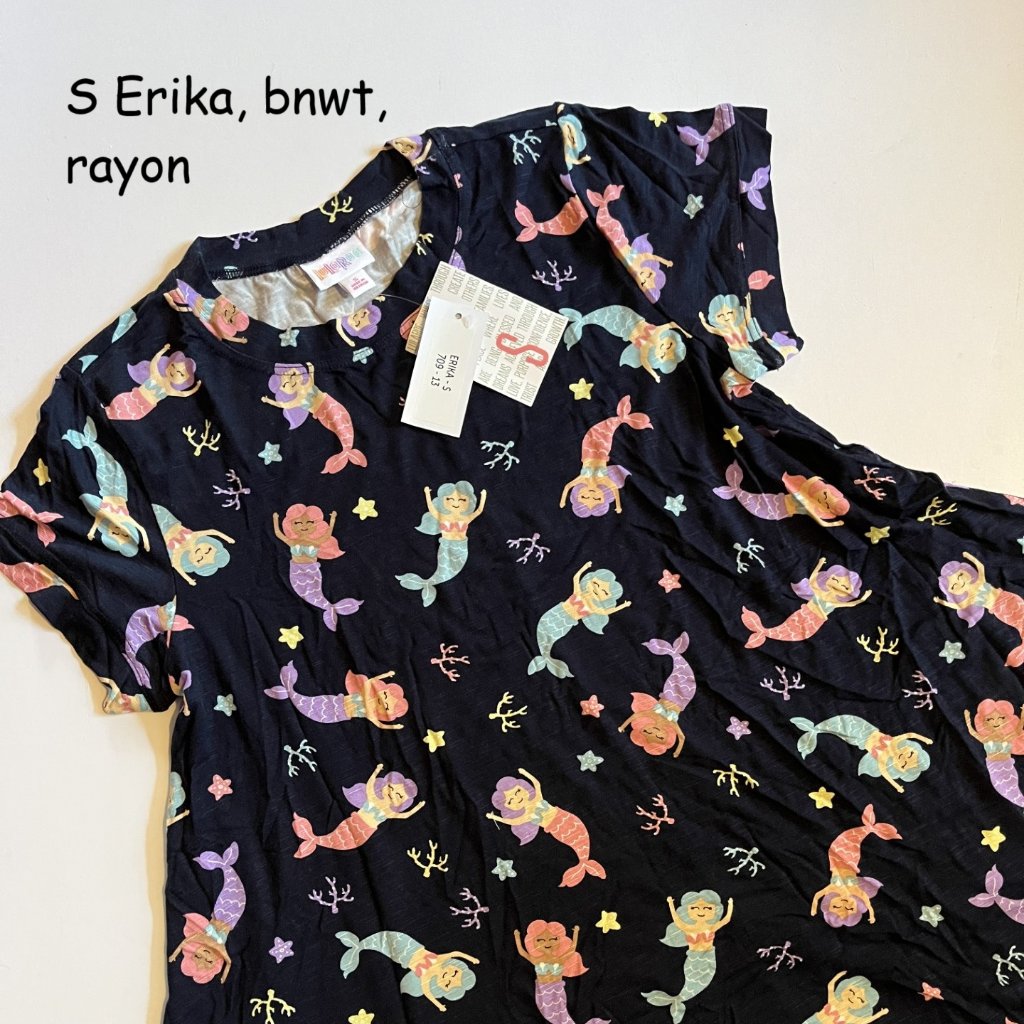 Small Lularoe Erika Swing Top, Navy With Mermaids, Starfish, Coral